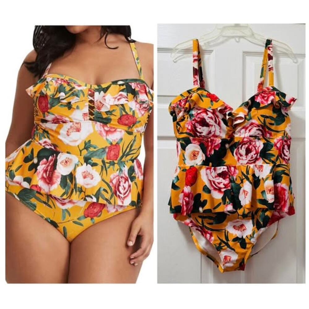 Torrid Plus Size 2 Roses Wireless One Piece Peplum Lattice Lace Up Swimsuit 2X